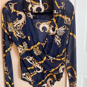 DNA Couture Navy and Gold Patterned Bodysuit